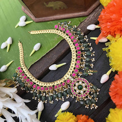 Vriksham Traditional Golden Square Pink With Flower Pendant Short Neckpiece-Green Bead-J4015