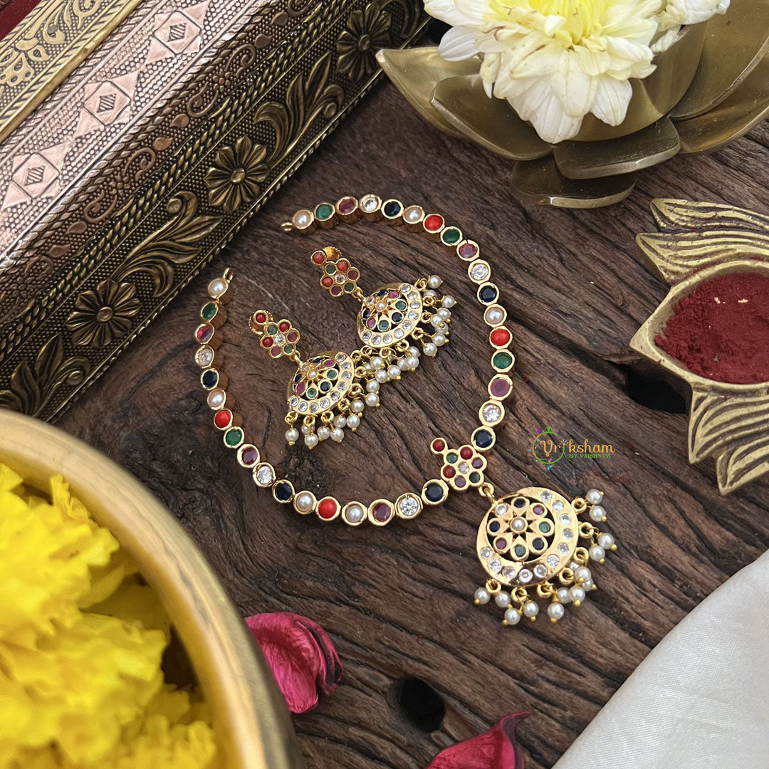 Vriksham Multi Color Stone Impon Panchaloha Neckpiece-Gold Bead-G18868