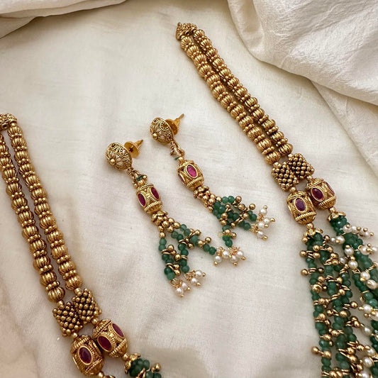 Stylish Beaded Layered Malai-Green Bead-Pearl-G13373