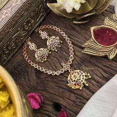 Vriksham Red Stone Impon Panchaloha Neckpiece-Gold Bead-G18865