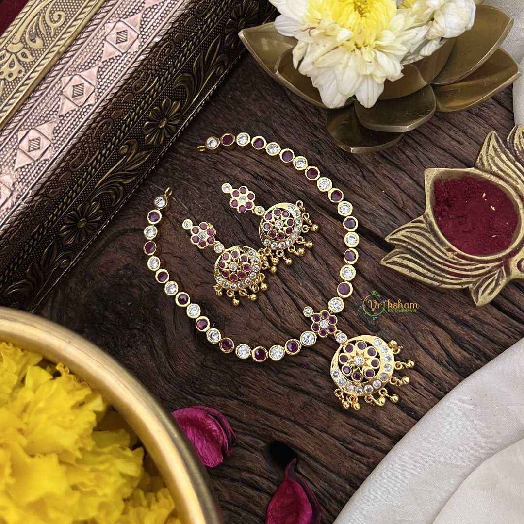 Vriksham Red White Stone Impon Panchaloha Neckpiece-Gold Bead-G18867