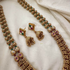 Premium Gold Alike Beaded Malai-2 Layer-Red Green-G13371