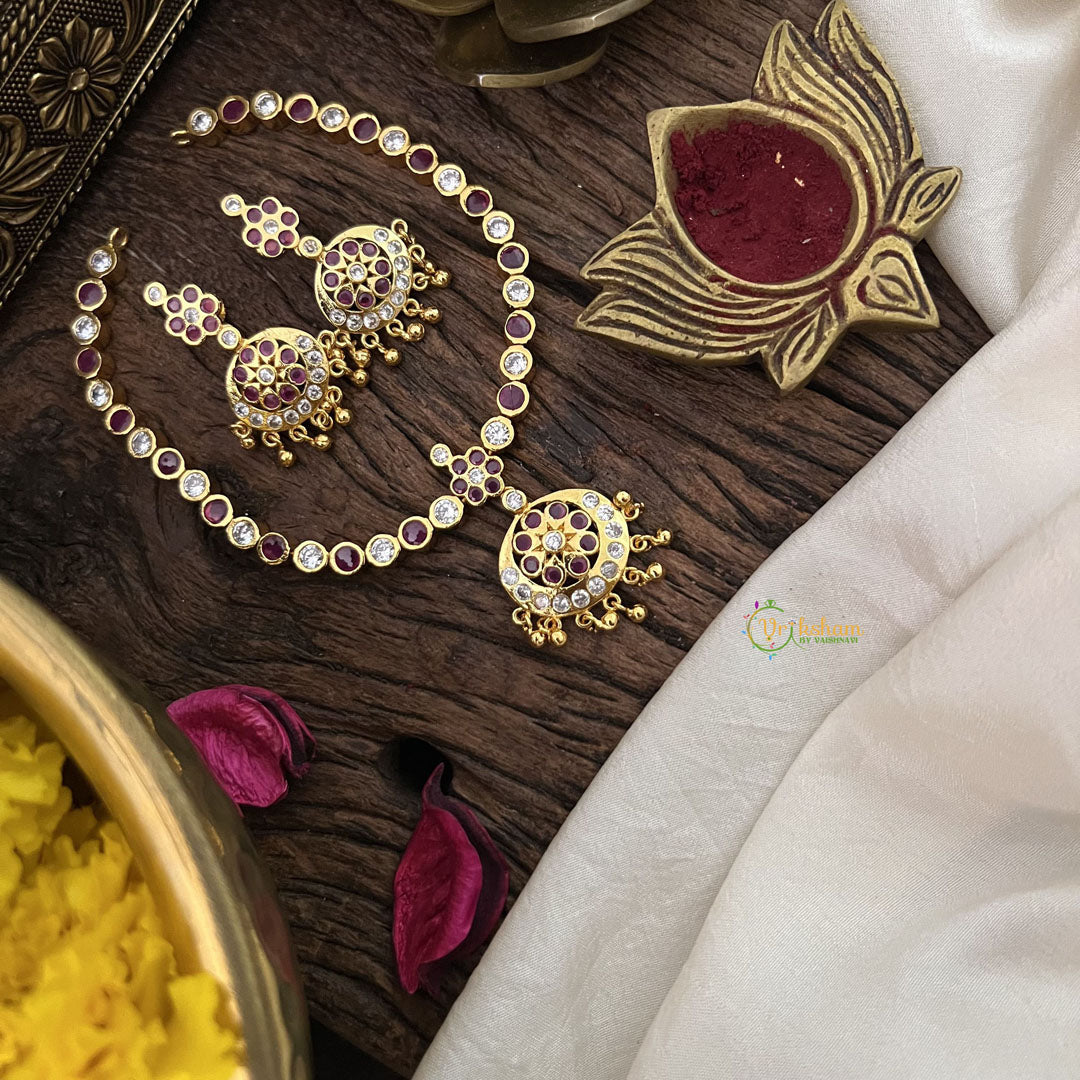 Vriksham Red White Stone Impon Panchaloha Neckpiece-Gold Bead-G18867