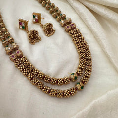 Premium Gold Alike Beaded Malai-2 Layer-Red Green-G13371