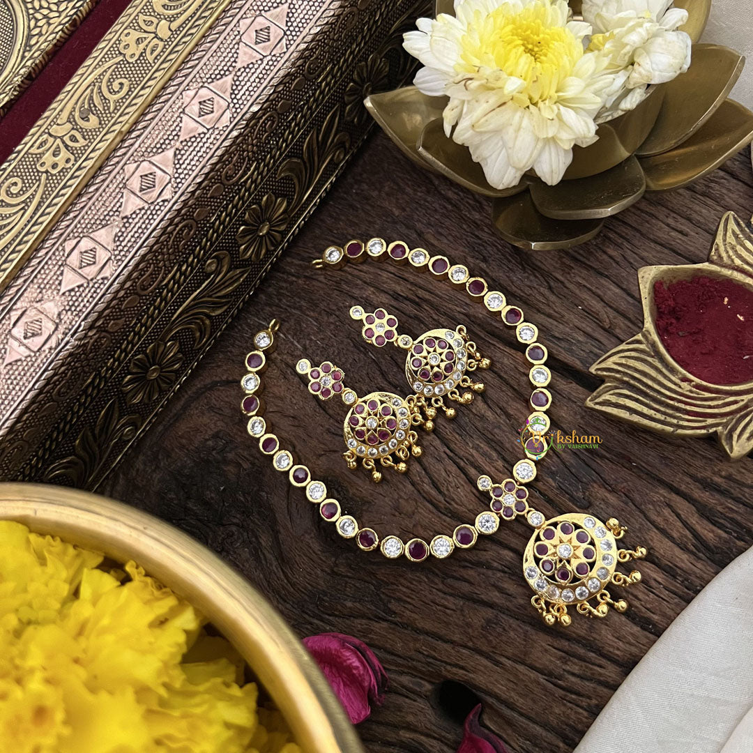 Vriksham Red White Stone Impon Panchaloha Neckpiece-Gold Bead-G18867