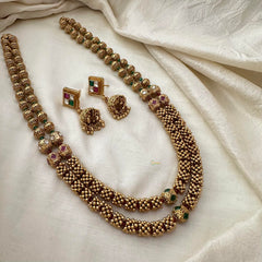 Premium Gold Alike Beaded Malai-2 Layer-Red Green-G13371