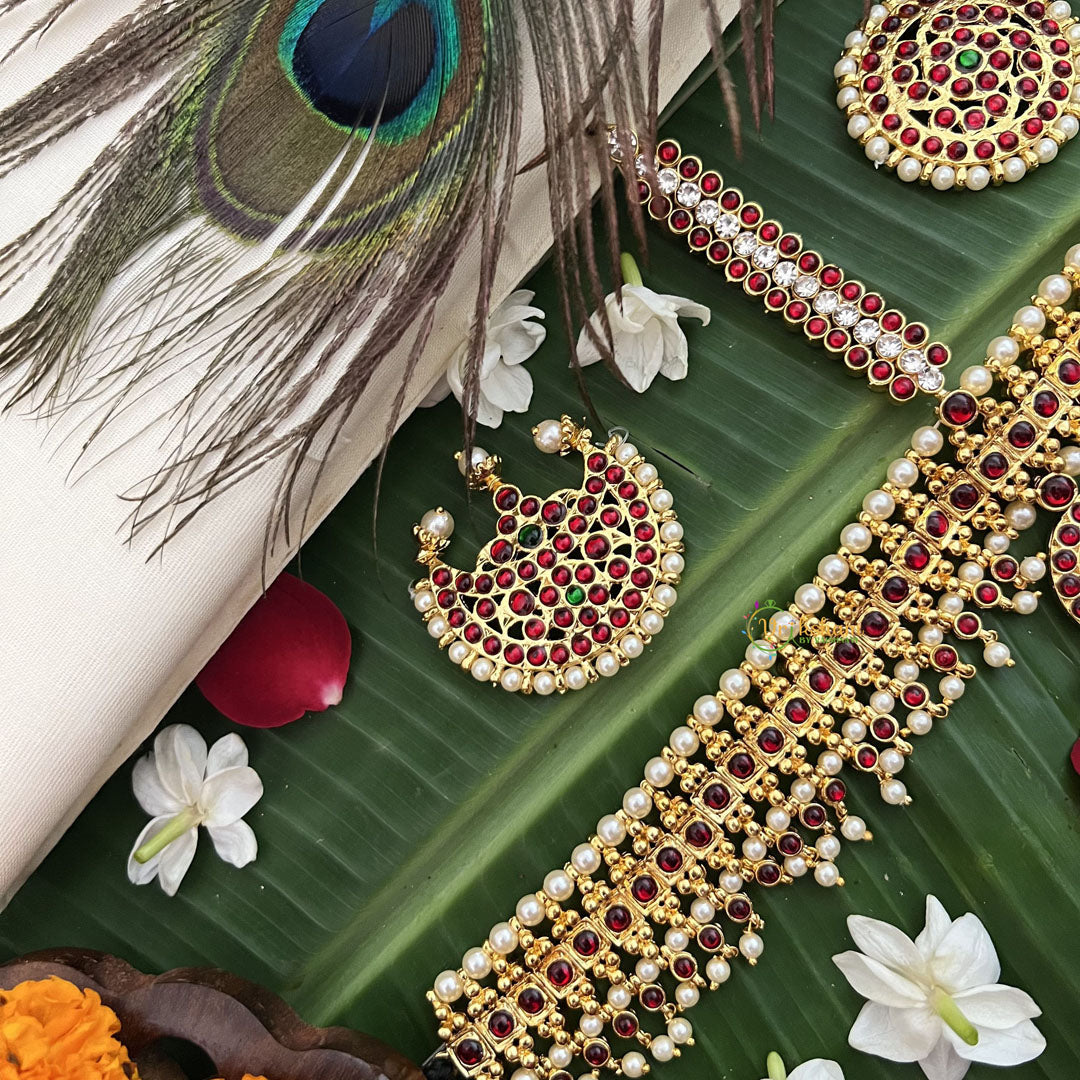 Vriksham Traditional Kemp Gold Plated Square Tikka With Chandran Suriyan-Red Green-Prearl-G19642
