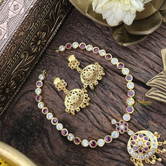 Vriksham Red White Stone Impon Panchaloha Neckpiece-Gold Bead-G18867