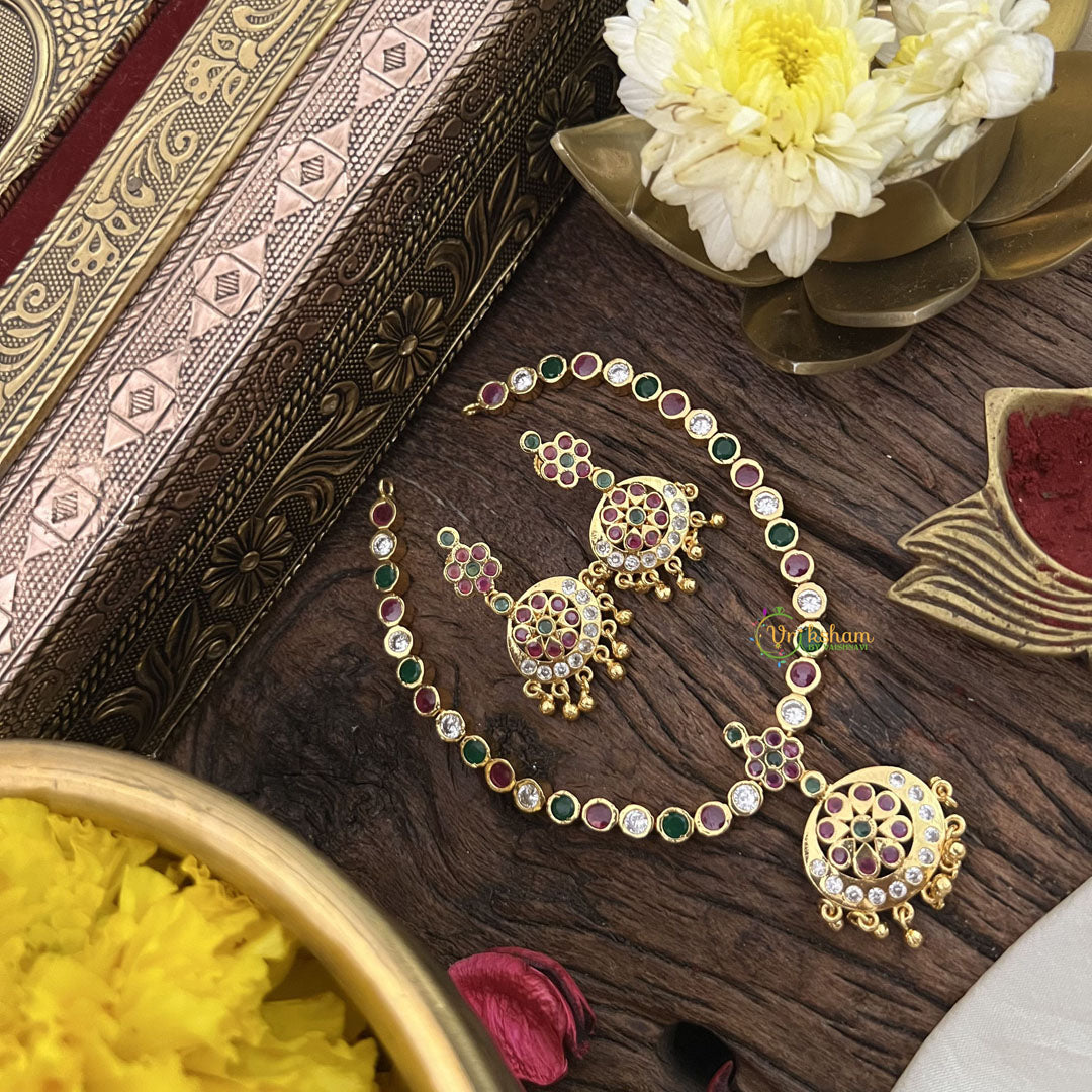 Vriksham Red White & Green Stone Impon Panchaloha Neckpiece-Gold Bead-G18866