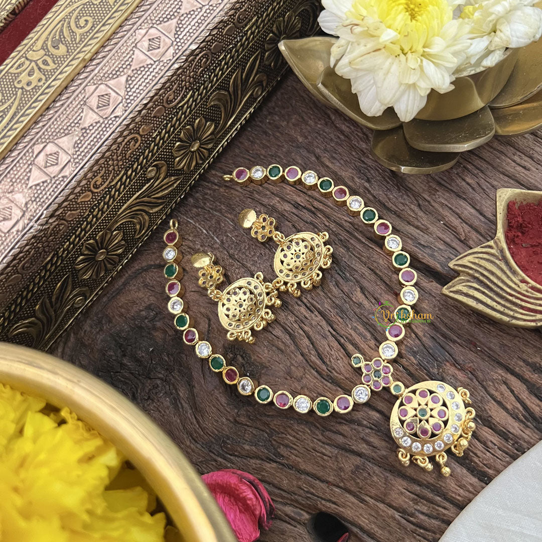 Vriksham Red White & Green Stone Impon Panchaloha Neckpiece-Gold Bead-G18866
