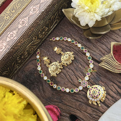 Vriksham Red White & Green Stone Impon Panchaloha Neckpiece-Gold Bead-G18866