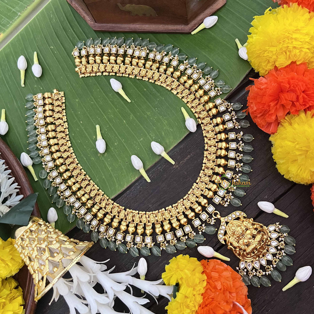 Vrikshamv Dual Tone Golden Look Kundan Jadau Lakshmi Long Neckpiece-Aqua Green Bead-J4018