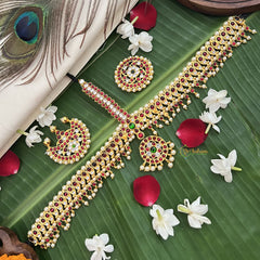 Vriksham Traditional Kemp Gold Plated Manga Design Tikka With Chandran Suriyan-Red Green & White-Prearl-G19645