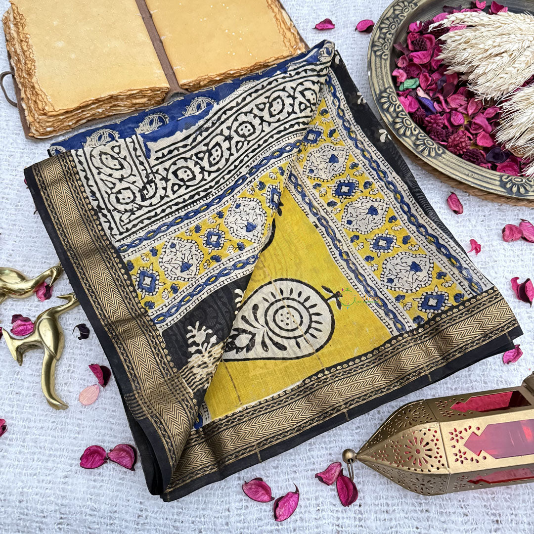 Dark Blue Maheshwari Cotton Silk Saree -Handloom Maheshwari Saree-VS3642