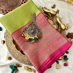 Parrot Green Color Kora Muslin Saree -VS3778