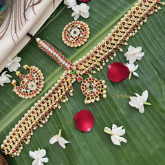 Vriksham Traditional Kemp Gold Plated Manga Design Tikka With Chandran Suriyan-Red Green & White-Prearl-G19645