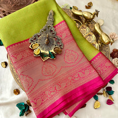 Parrot Green Color Kora Muslin Saree -VS3778