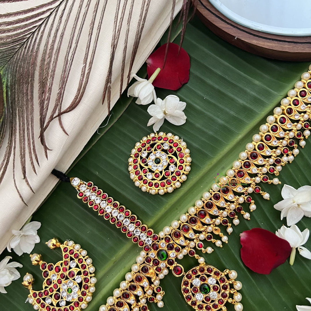 Vriksham Traditional Kemp Gold Plated Manga Design Tikka With Chandran Suriyan-Red Green & White-Prearl-G19645