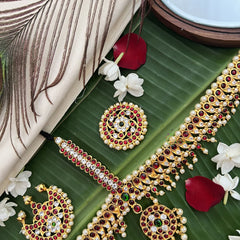 Vriksham Traditional Kemp Gold Plated Manga Design Tikka With Chandran Suriyan-Red Green & White-Prearl-G19645