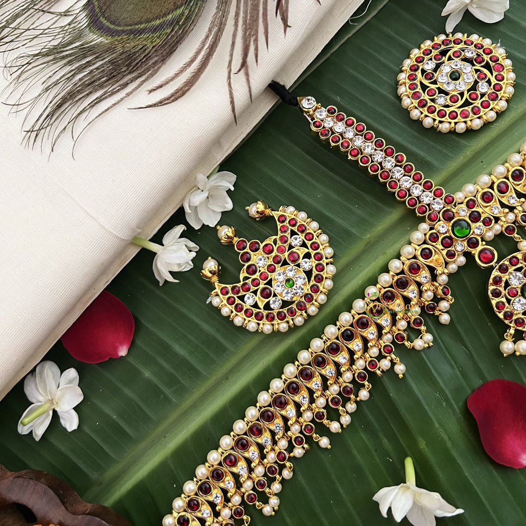 Vriksham Traditional Kemp Gold Plated Manga Design Tikka With Chandran Suriyan-Red Green & White-Prearl-G19645