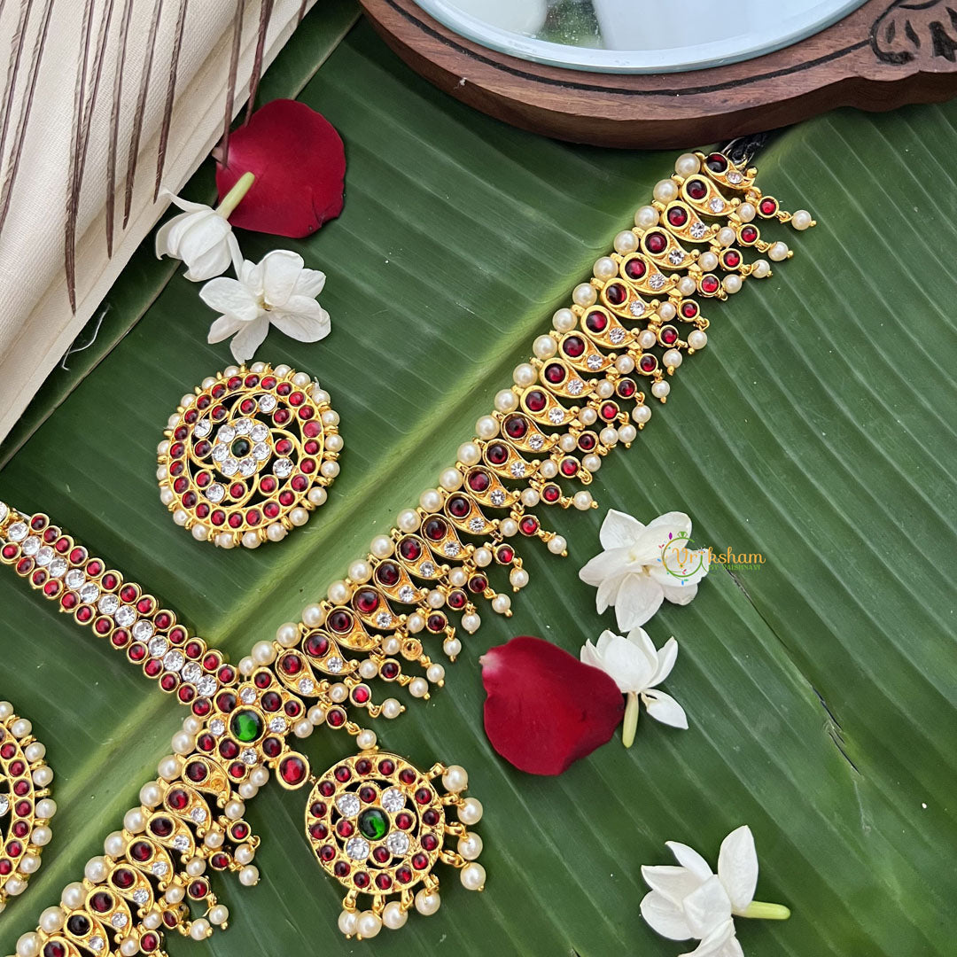 Vriksham Traditional Kemp Gold Plated Manga Design Tikka With Chandran Suriyan-Red Green & White-Prearl-G19645