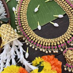 Vrikshamv Dual Tone Golden Look Kundan Jadau Lakshmi Long Neckpiece-Pink-Pearls-J4019