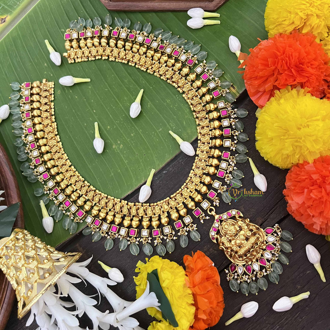 Vrikshamv Dual Tone Golden Look Kundan Jadau Lakshmi Long Neckpiece-Pink White-Pearls & Aqua Green Bead-J4020