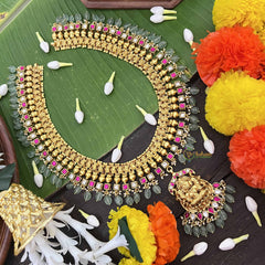 Vrikshamv Dual Tone Golden Look Kundan Jadau Lakshmi Long Neckpiece-Pink White-Pearls & Aqua Green Bead-J4020