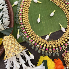 Vrikshamv Dual Tone Golden Look Kundan Jadau Lakshmi Long Neckpiece-Pink White-Pearls & Aqua Green Bead-J4020