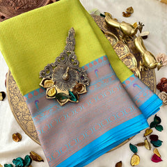 Parrot Green Color Kora Muslin Saree -VS3789