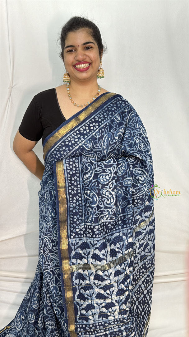 Vriksham Dark Blue Printed Maheshwari Cotton Silk Saree-Handloom -VS4470