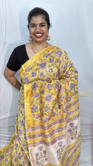 Vriksham Light Yellow Floral Print Maheshwari Cotton Silk Saree-Handloom -VS4471