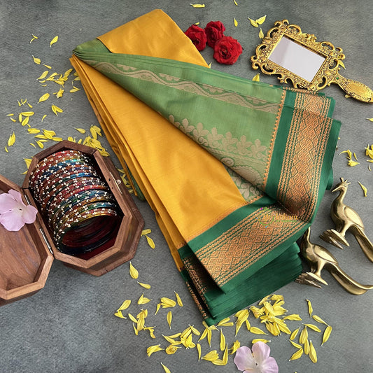 Mustard with Green Border Semi Soft Silk Saree-VS4021