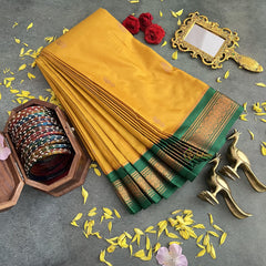 Mustard with Green Border Semi Soft Silk Saree-VS4021