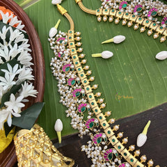 Vrikshamv Elegant Half Moon With Peacock Motif Kundan Jadau Guttapusalu Haaram-Rice Pearls-J4021