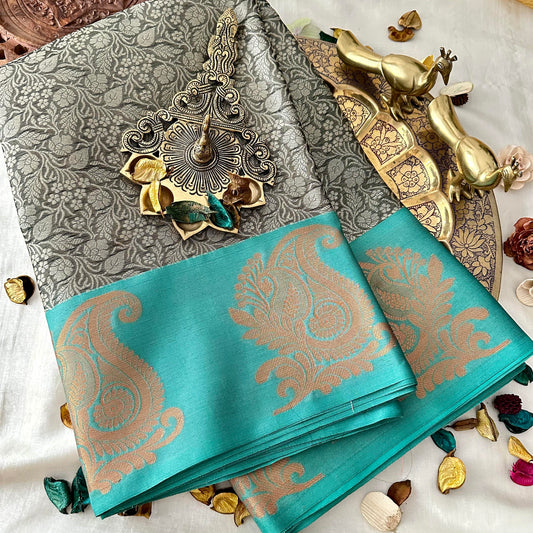 Grey Color Kora Muslin Saree -VS3777