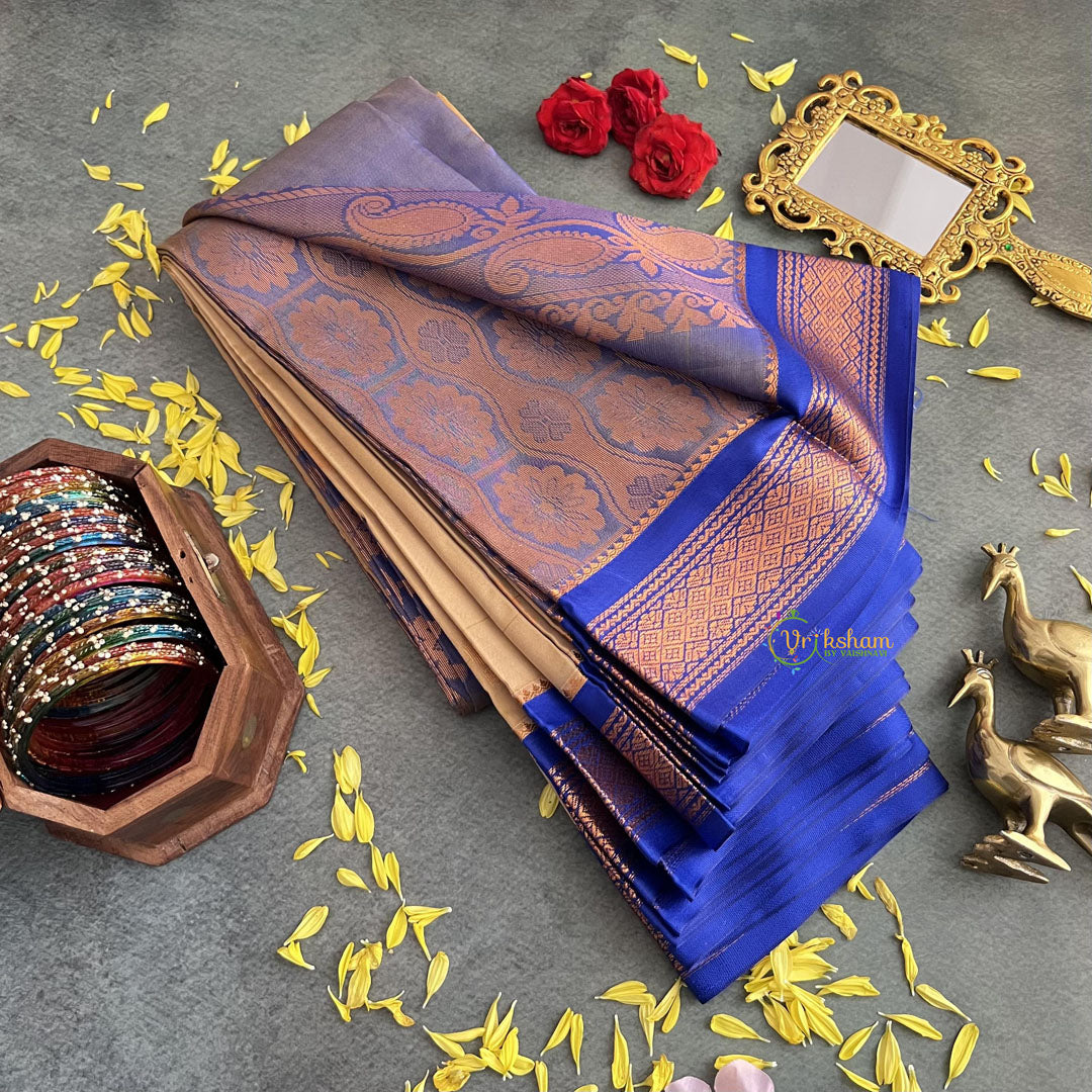 Golden Color with Blue Border Semi Soft Silk Saree-VS4026