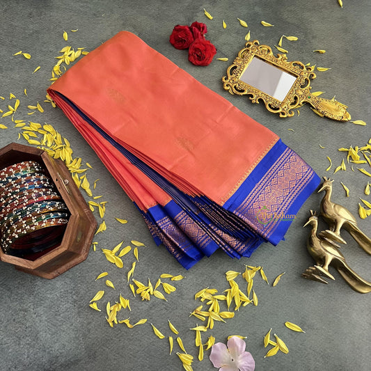 Peach with Blue Border Semi Soft Silk Saree-VS4020