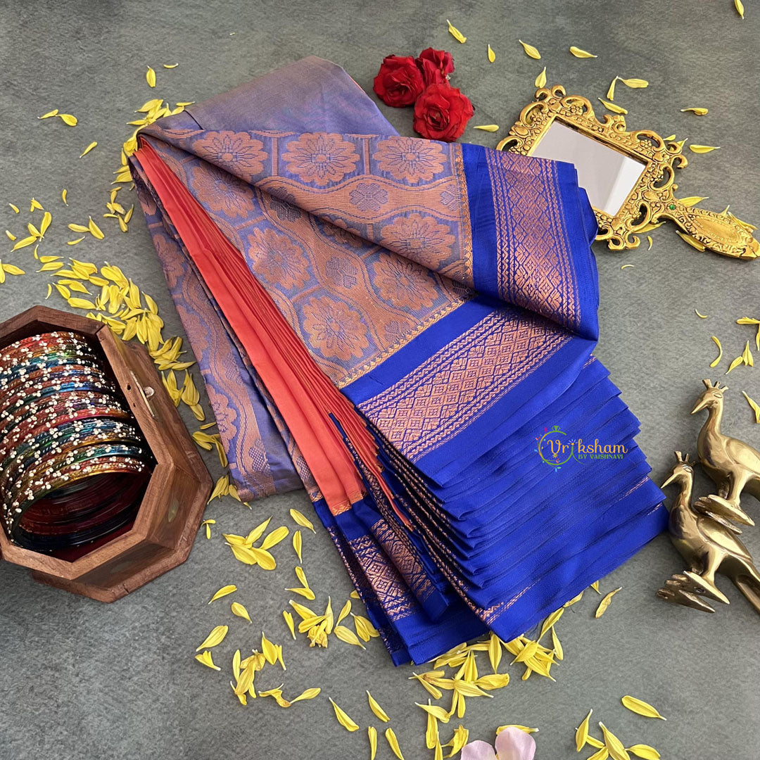 Peach with Blue Border Semi Soft Silk Saree-VS4020 – vrikshamindia