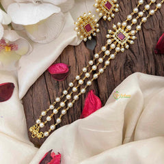 Vriksham Triple-Layer Pearl Mala With Gemstone-Encrusted Pendant Pearl Choker Neckpiece-Red-G21802