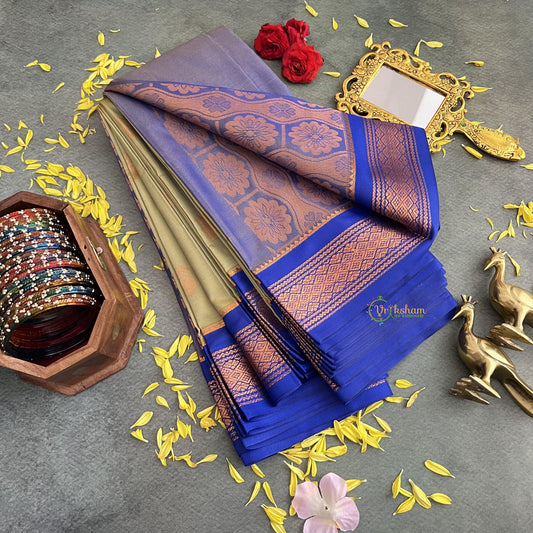 Mehendi Color with Blue Border Semi Soft Silk Saree-VS4025