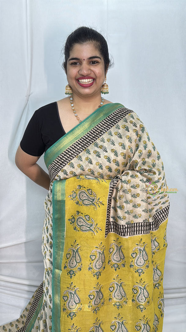 Vriksham Skin Color Floral Print Maheshwari Cotton Silk Saree-Handloom -VS4475