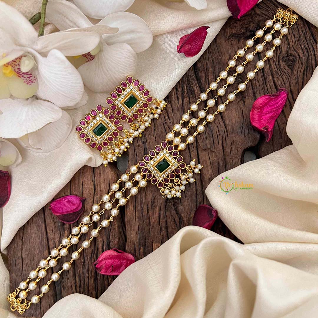 Vriksham Modern Ethnic Square Pendant Pearl Choker Neckpiece-Red Green-G21803