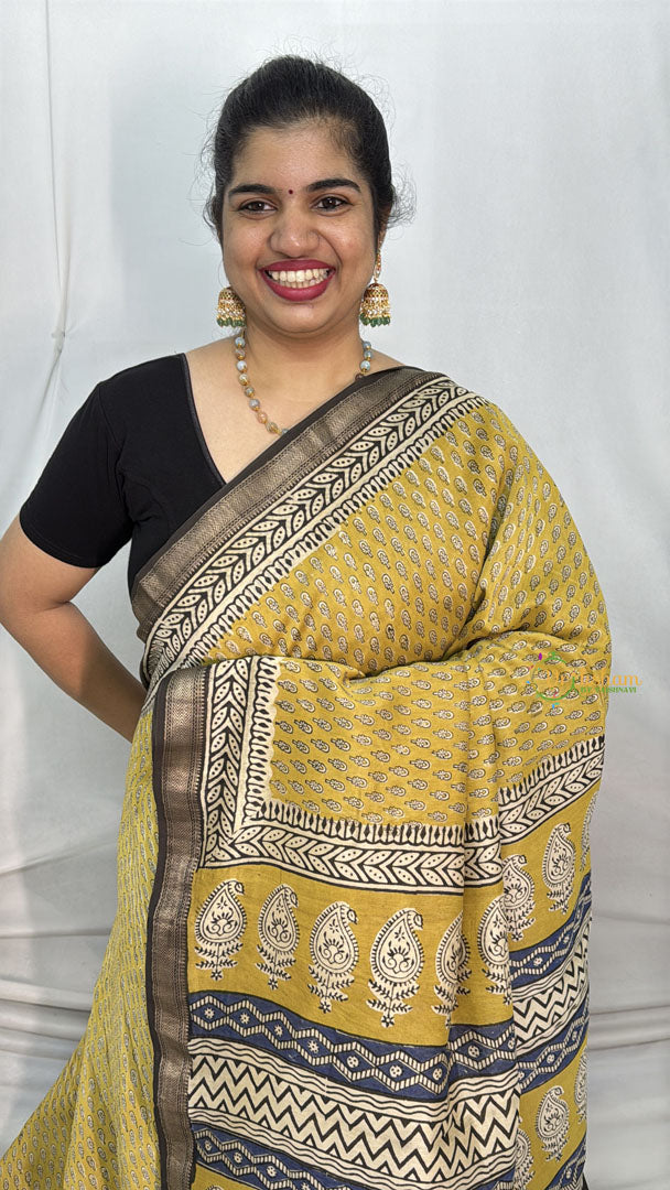 Light Mustard Yellow Maheshwari Cotton Silk Saree -Handloom Maheshwari Saree-VS3639