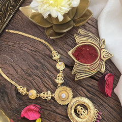 Vriksham Lakshmi White Round Pendant Short Neckpiece-Red Beads-G18891