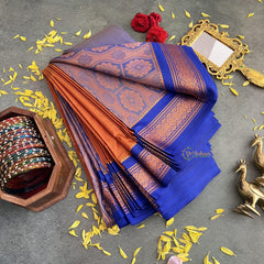 Brown with Blue Border Semi Soft Silk Saree-VS4019