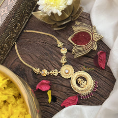 Vriksham Lakshmi White Round Pendant Short Neckpiece-Red Beads-G18891