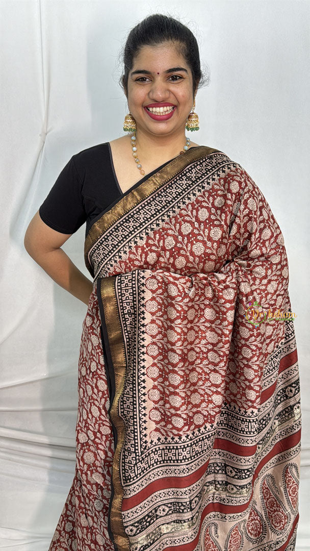 Vriksham Brown Printed Maheshwari Cotton Silk Saree-Handloom -VS4479