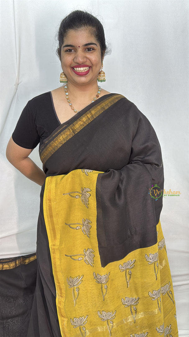 Vriksham Black With Mustered Yellow Maheshwari Cotton Silk Saree-Handloom -VS4472