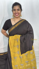 Vriksham Black With Mustered Yellow Maheshwari Cotton Silk Saree-Handloom -VS4472